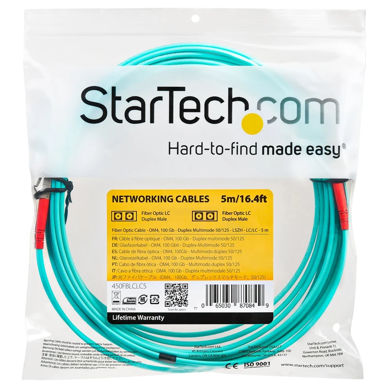 StarTech.com Cavo in fibra ottica multimodale da LC/UPC a LC/UPC OM4 da 5 m - Fibra LOMMF/VCSEL Zipcord da 50/125 µm, Reti 100G - Bassa perdita di inserzione - Cavo patch in fibra LSZH - Turchese