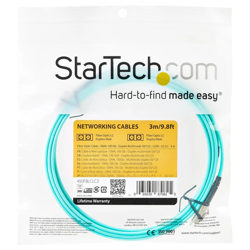StarTech.com Cavo in fibra ottica multimodale da LC/UPC a LC/UPC OM4 da 3 m - Fibra LOMMF/VCSEL Zipcord da 50/125 µm, Reti 100G - Bassa perdita di inserzione - Cavo patch in fibra LSZH - Turchese