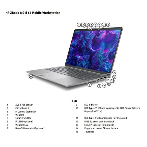 HP ZBook 8 G1i Wolf Pro Security Edition Intel Core Ultra 7 255H Workstation mobile 35,6 cm (14") WUXGA 16 GB DDR5-SDRAM 512 GB SSD NVIDIA RTX 500 Ada Wi-Fi 7 (802.11be) Windows 11 Pro AI Workstation, AI PC Argento