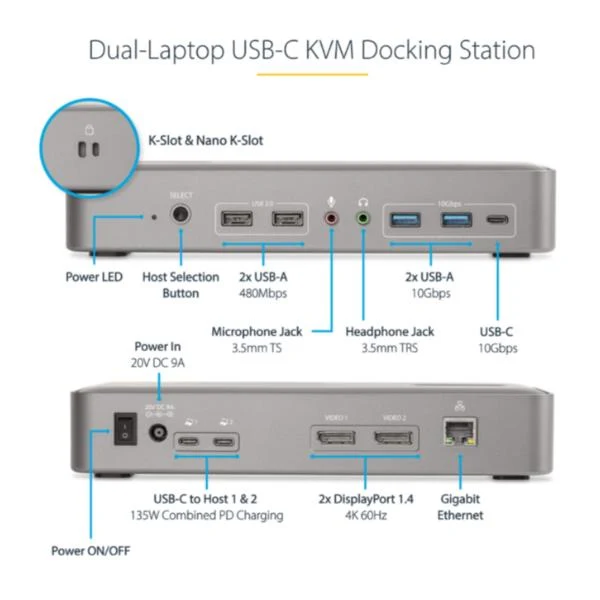 StarTech.com KVM Docking Station USB-C per due laptop, docking station DisplayPort a doppio monitor 4K 60 Hz, hub USB a 5 porte, GbE, Dock KVM con alimentazione a 90W/45W per due laptop, Windows/Mac