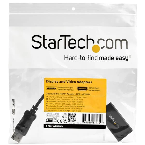 StarTech.com Adattatore DisplayPort a HDMI 4K 60Hz - Convertitore video attivo da DP 1.4 a HDMI 2.0 - Dongle/Cavo adattatore per Monitor/TV/Display HDMI - Connettore DP a scatto