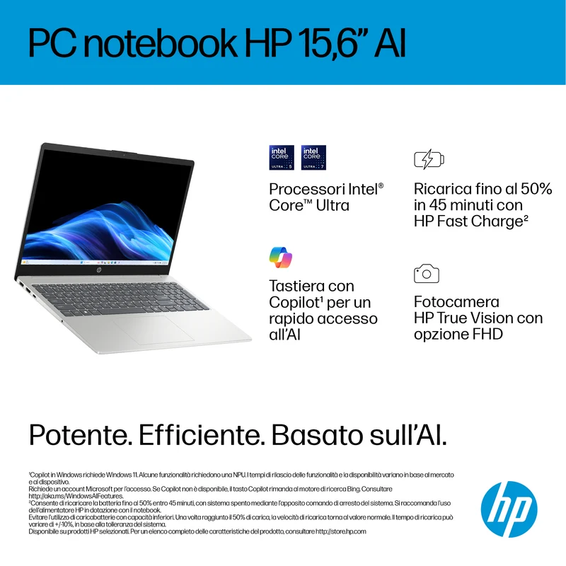 HP Laptop AI 15-fd2016nl Intel Core Ultra 7 255U Computer portatile 39,6 cm (15.6") Full HD 24 GB DDR5-SDRAM 1 TB SSD Wi-Fi 6 (802.11ax) Windows 11 Home AI PC Argento