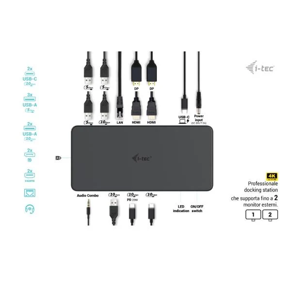 i-tec USB 3.0 / USB-C / Thunderbolt 3 Professional Dual 4K Display Docking Station Generation 2 + Power Delivery 100W