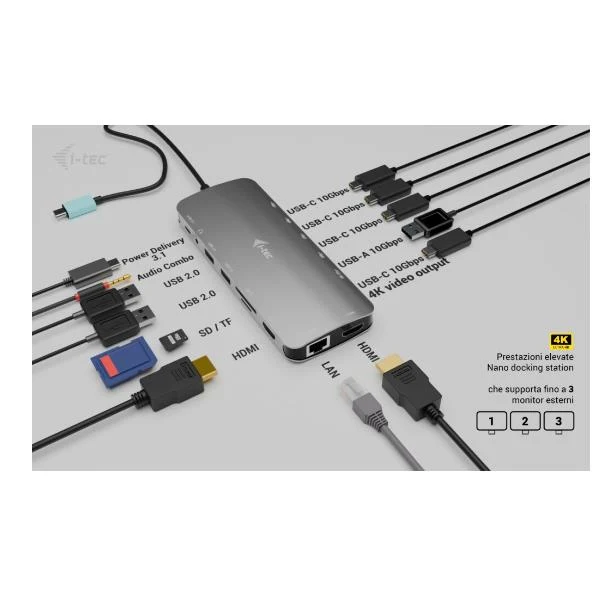i-tec Metal USB-C Nano 3x Display Dock, 2x HDMI 1x USB-C video with Power Delivery 140W + Universal Charger 140 W