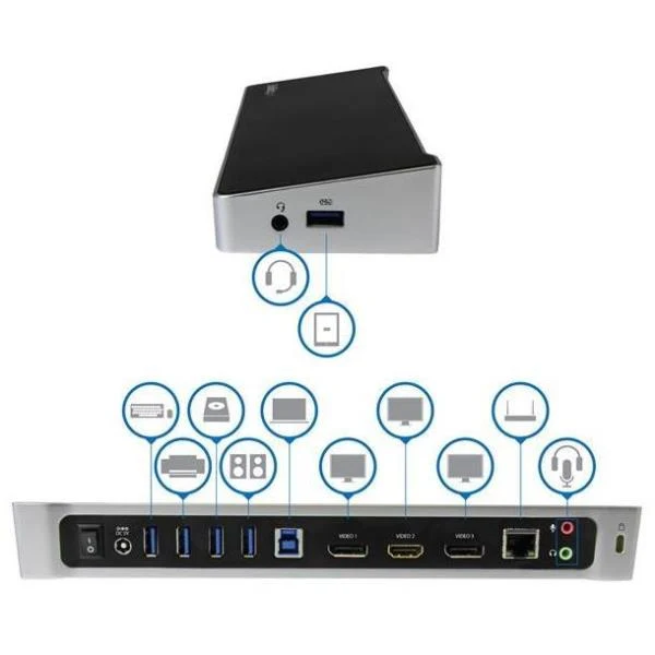StarTech.com Docking station USB 3.0 a tre monitor - 1x HDMI - 2x DisplayPort - Dock portatile con Hub USB integrata a 5 porte e Gigabit Ethernet