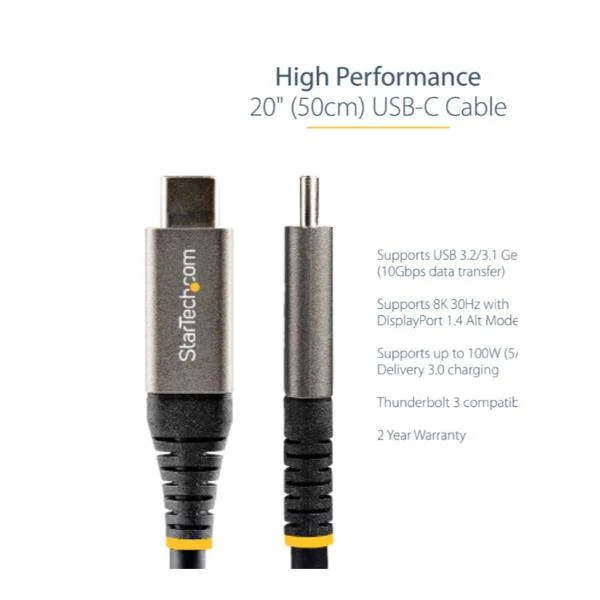 StarTech.com Cavo USB-C da 50 cm, USB 10Gbps, Power Delivery 100W (5A), DP Alt Mode 8K 60Hz / 4K 144Hz, Compatibile Thunderbolt