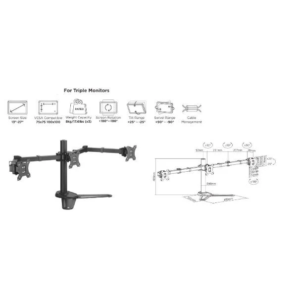Equip Supporto da tavolo articolato per tre monitor da 17” a 27”