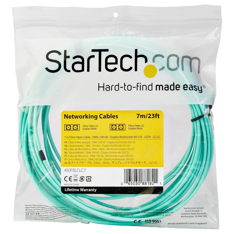 StarTech.com Cavo in fibra ottica multimodale da LC/UPC a LC/UPC OM4 da 7 m - Fibra LOMMF/VCSEL Zipcord da 50/125 µm, Reti 100G - Bassa perdita di inserzione - Cavo patch in fibra LSZH - Turchese