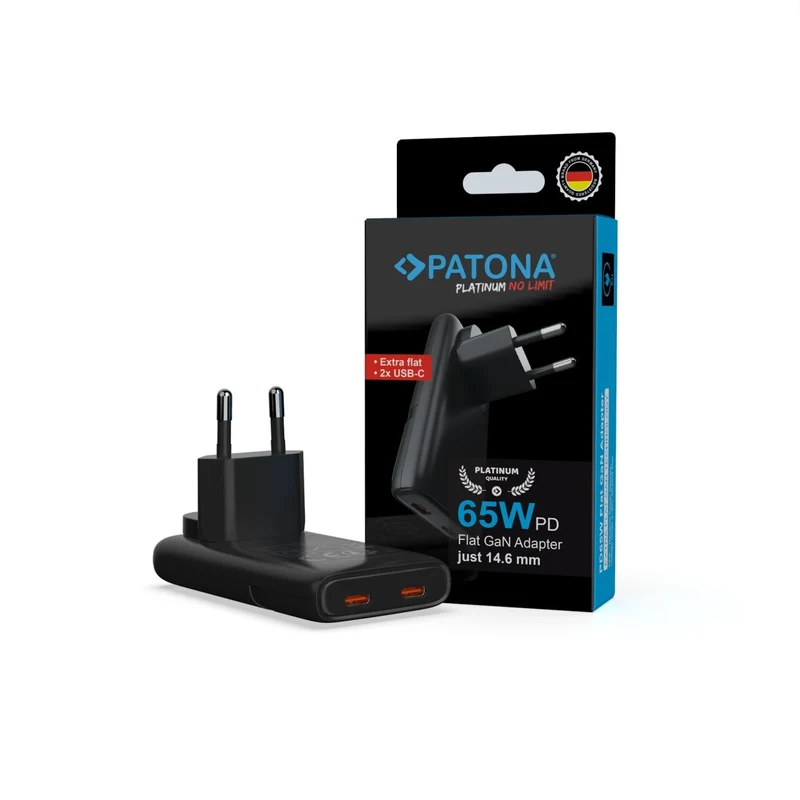PATONA PLATINUM GAN PD65W FLAT ADAPTER BLACK 2X USB-C PD3.0 QC3.0